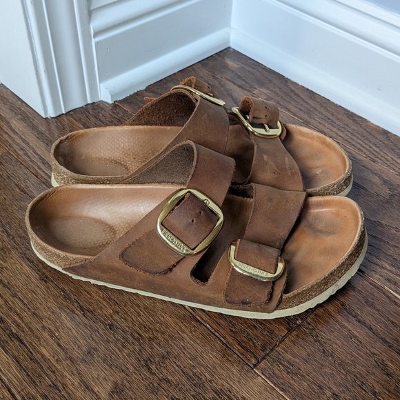 Birkenstock Women's Brown Natural Leather Big Buckle Golf Arizona Sandals 39 - Picture 1 of 11